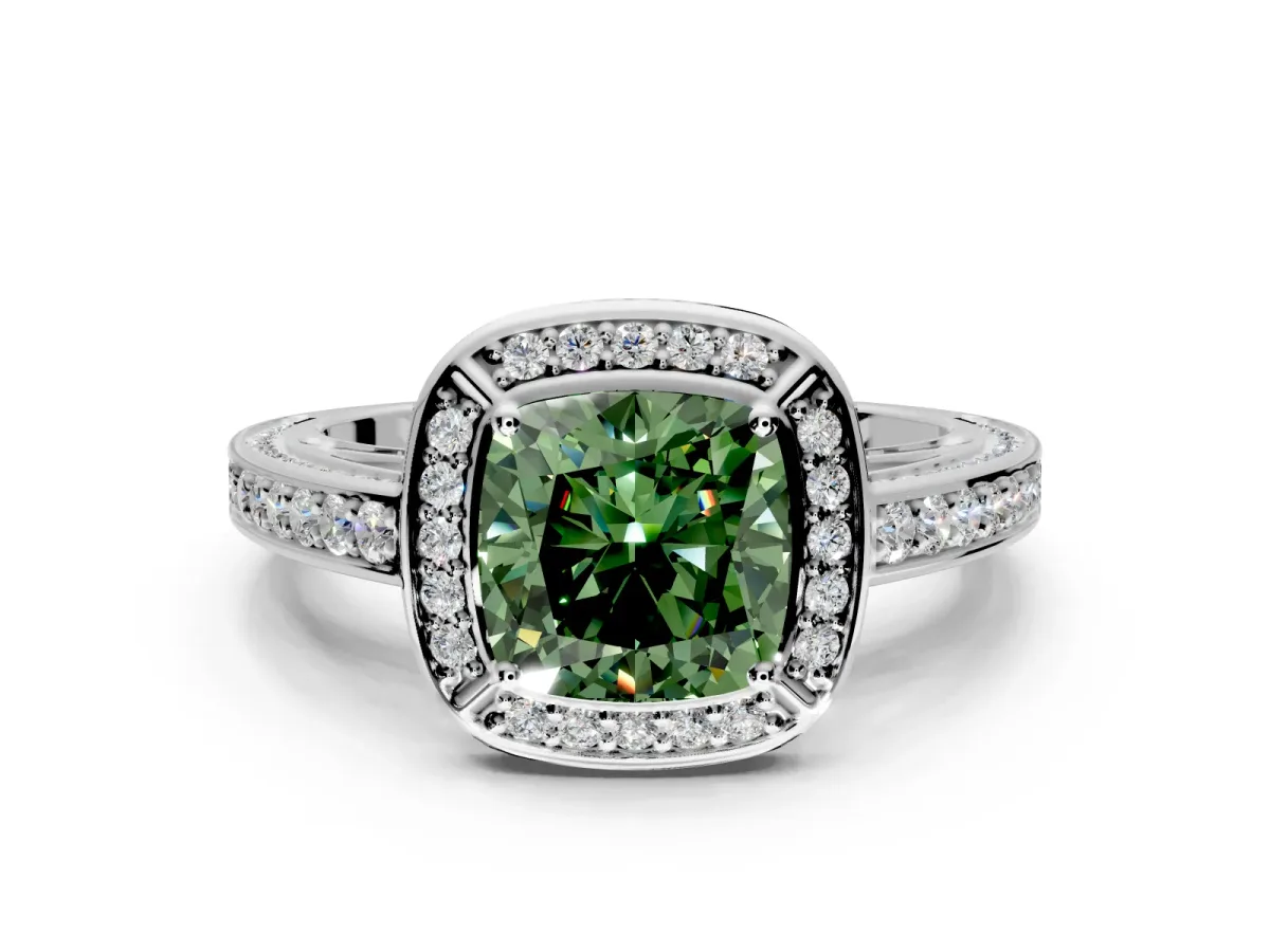 Halo Engagement Ring Setting for Fancy Green Cushion Cut Center with Framed Halo, Pave Band and Prong Head in White Gold