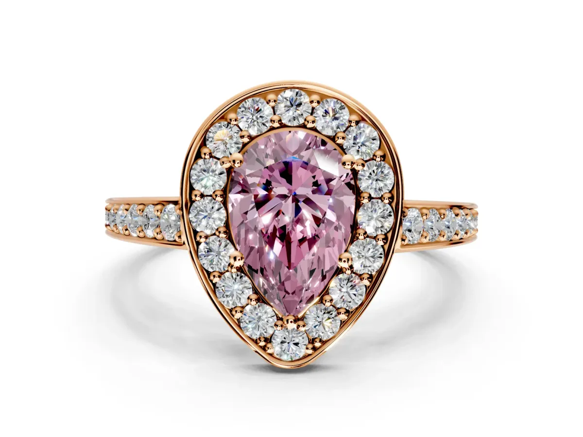 Bezel-Framed Halo Engagement Ring Setting for Fancy Pink Pear-Shaped Center with Pave Band and Prong Head in Rose Gold