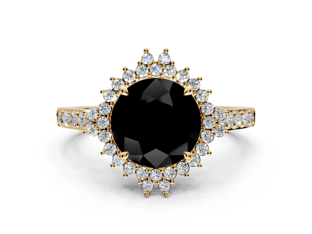 Sunburst Halo Engagement Ring Setting for Fancy Black Round Cut Center with Pave Band and Prong Head in Yellow Gold