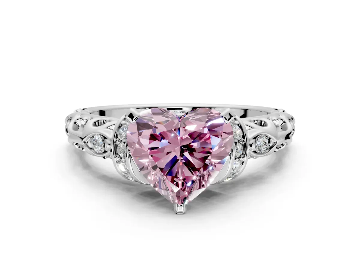 Solitaire Engagement Ring Setting for Fancy Pink Heart-Shaped Center with Filigree Band and Prong Head in Sterling Silver