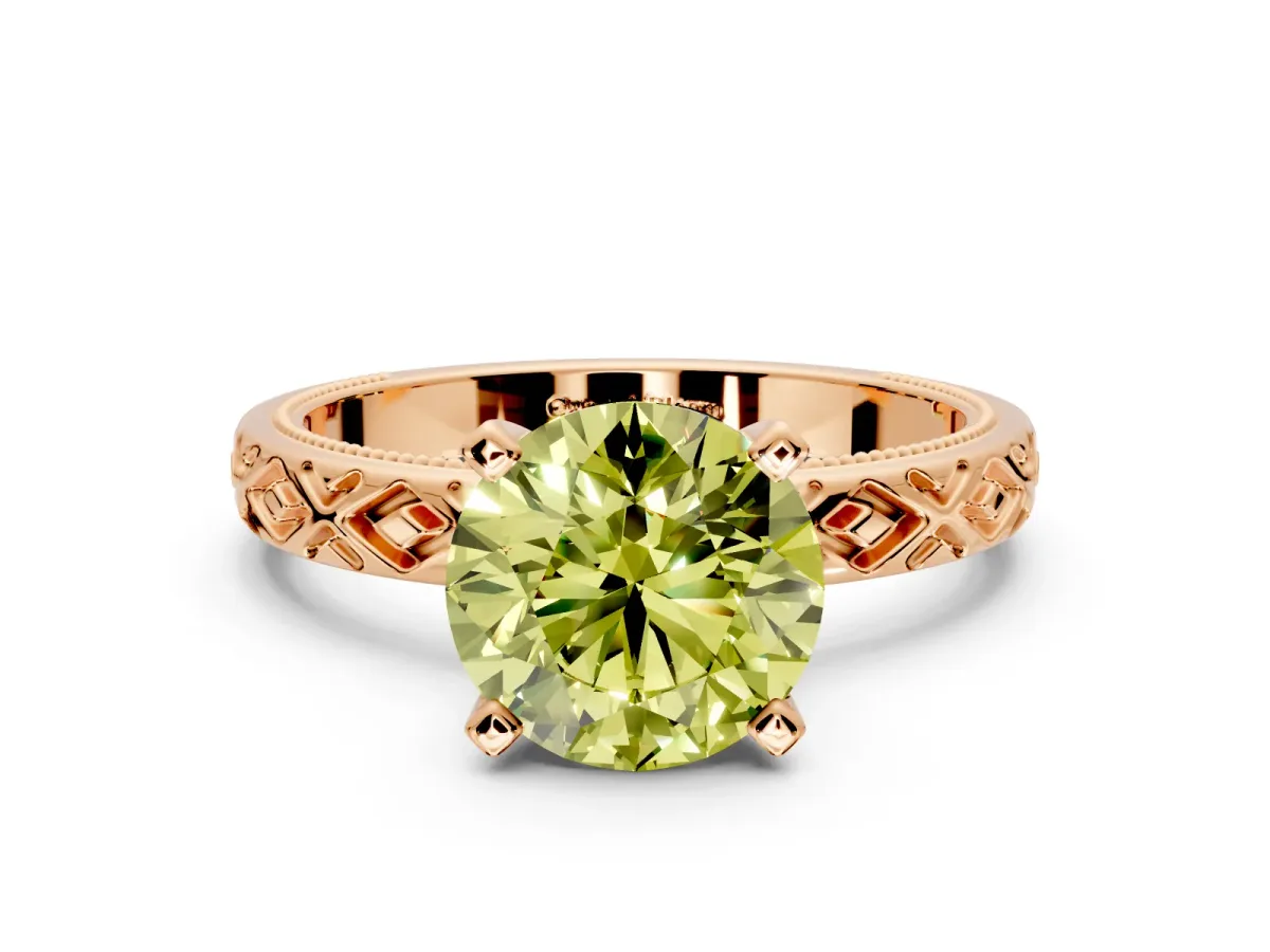 Solitaire Engagement Ring Setting for Fancy Yellow Round Cut Center with Milgrain X Pattern Band and Prong Head in Rose Gold