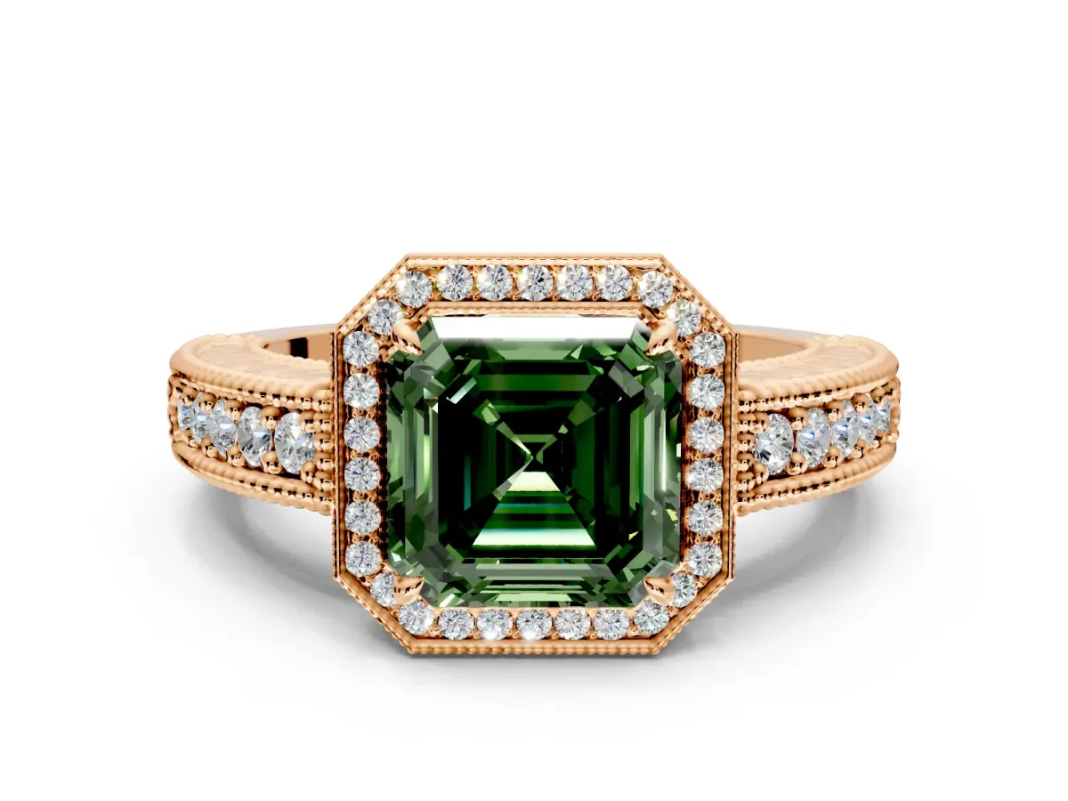 Milgrain Halo Engagement Ring Setting for Fancy Green Asscher Cut Center with Pave Band and Prong Head in Rose Gold