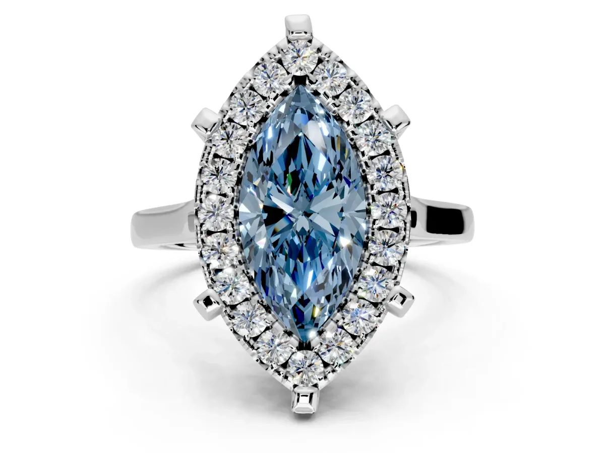 Single Halo Engagement Ring Setting for Fancy Blue Marquise Center with Corner Claws, Plain Band and Prong Head in Platinum
