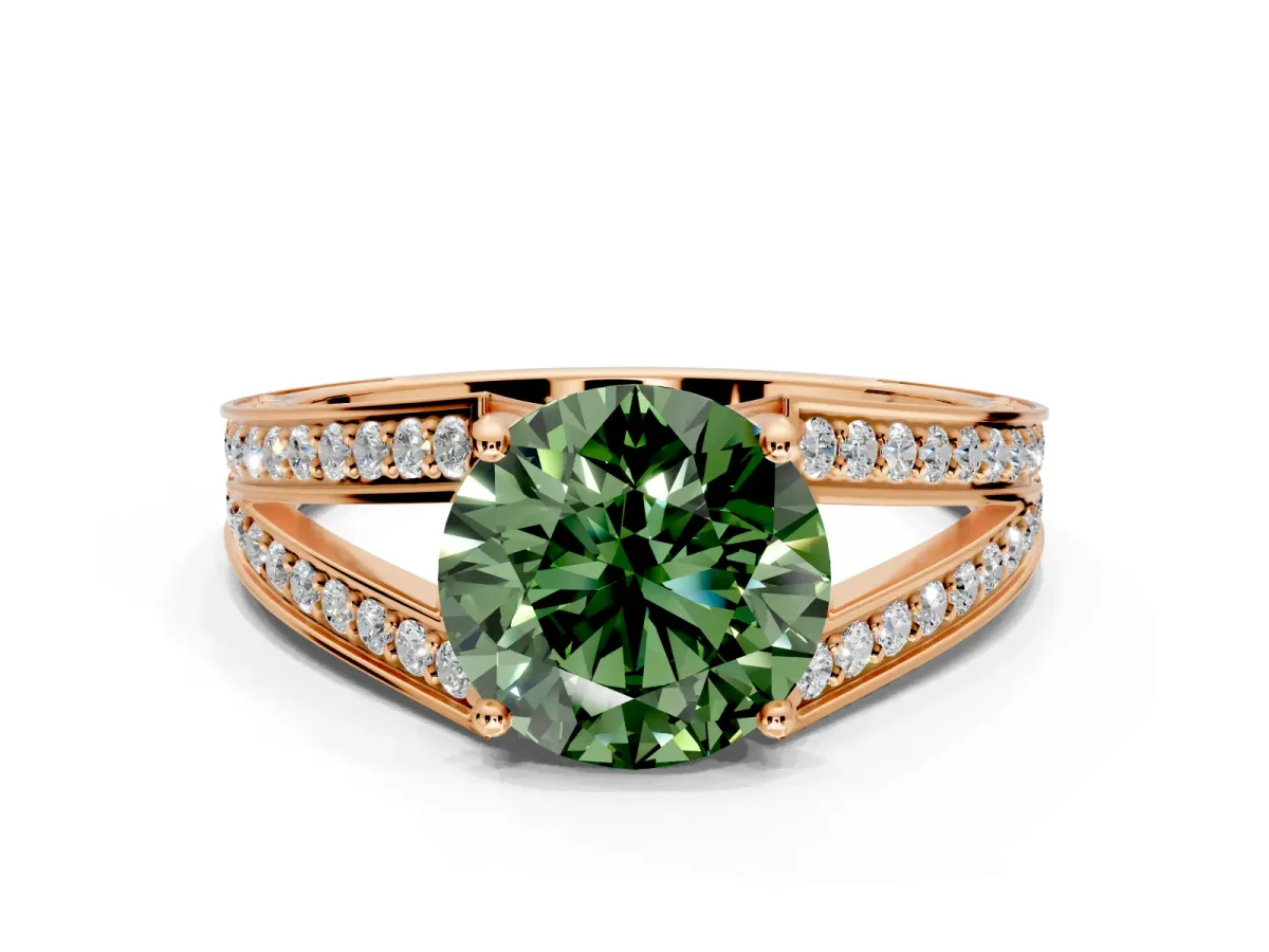 Split Shank Engagement Ring Setting for Fancy Green Round Cut Center with Pave Split Shank and Prong Head in Rose Gold