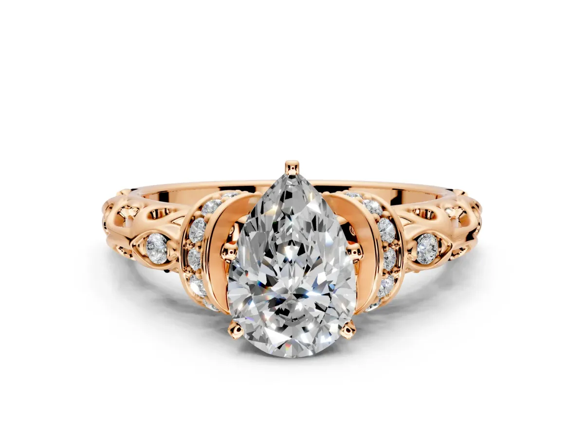 Solitaire Engagement Ring Setting for Pear-Shaped Center with Filigree Band and Prong Head in Rose Gold