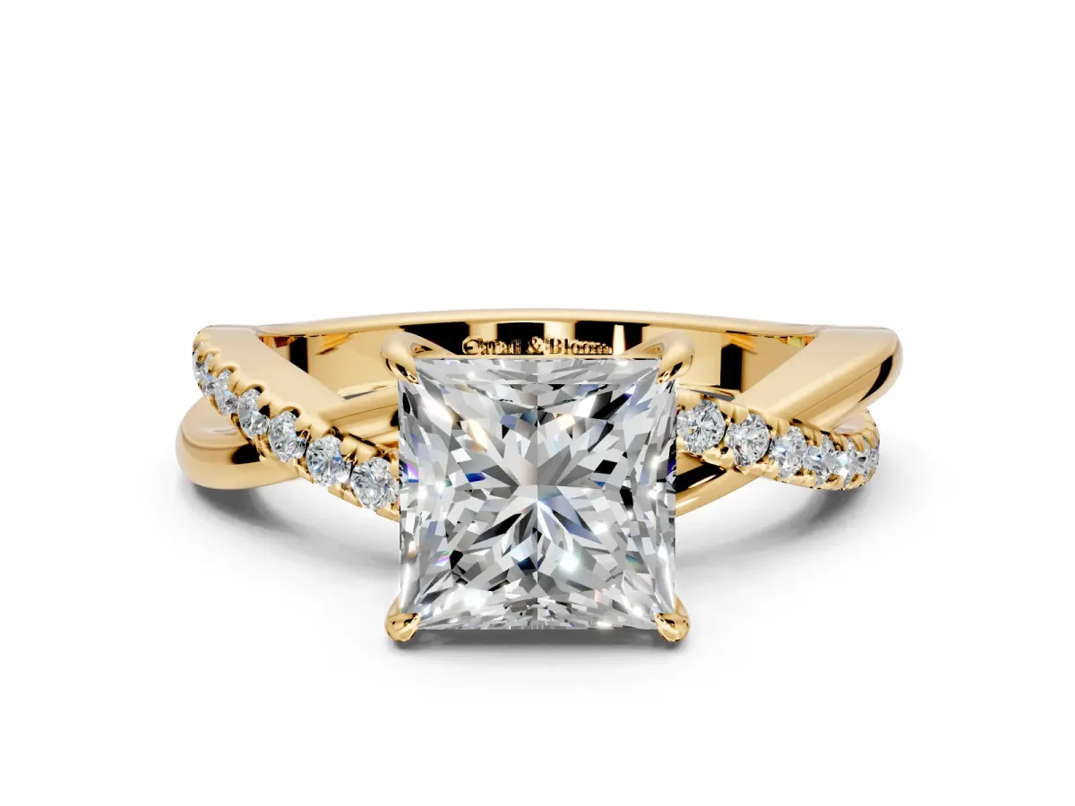 Crossover Engagement Ring Setting for Princess Cut Center with Pave and Plain Strands and Prong Head in Yellow Gold