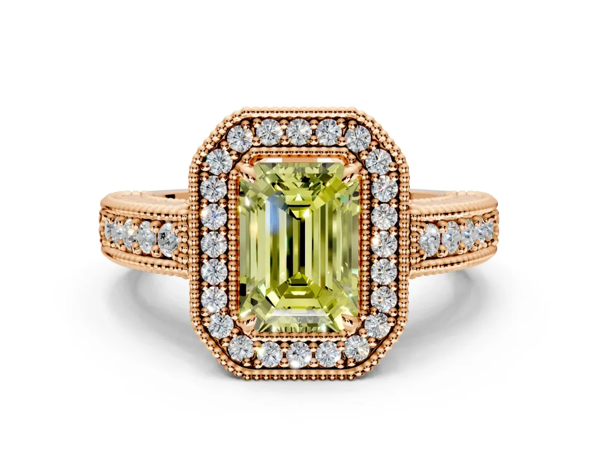 Milgrain Halo Engagement Ring Setting for Fancy Yellow Emerald Cut Center with Pave Band and Prong Head in Rose Gold