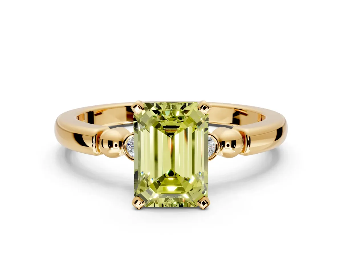 Solitaire Engagement Ring Setting for Fancy Yellow Emerald Cut Center with Beaded Shoulders and Prong Head in Yellow Gold