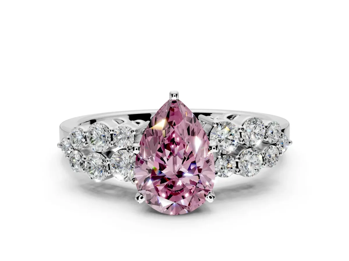 Cluster Engagement Ring Setting for Fancy Pink Pear-Shaped Center with 2-Row Shoulder Clusters and Prong Head in White Gold