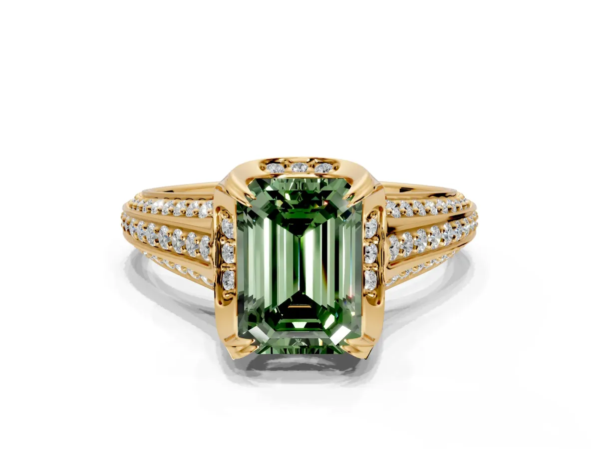 Solitaire Engagement Ring Setting for Fancy Green Emerald Cut Center with Accented Split Shank and Prong Head in Yellow Gold
