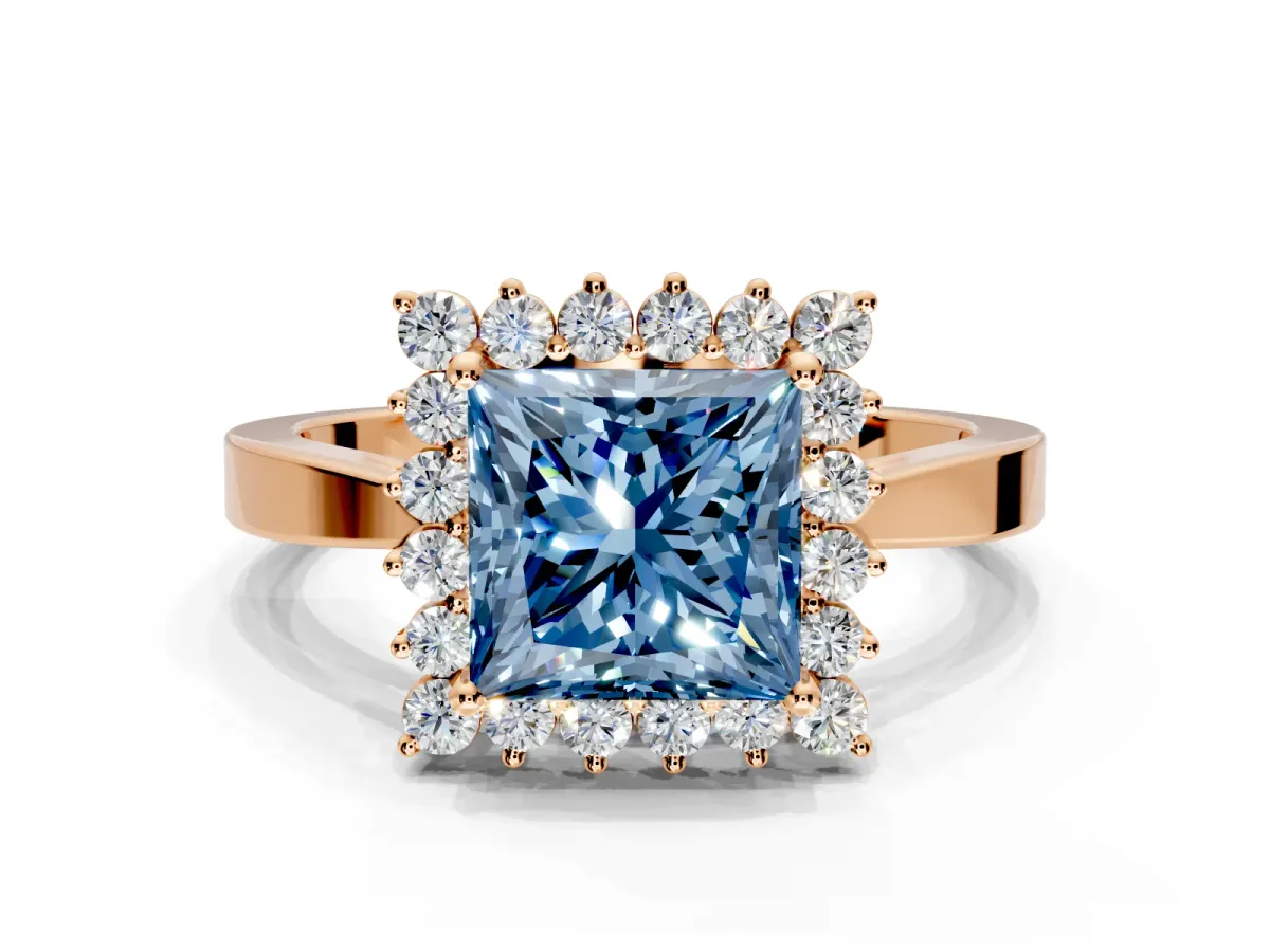 Starburst Halo Engagement Ring Setting for Fancy Blue Princess Cut Center with Flat Cathedral Band and Prong Head in Rose Gold