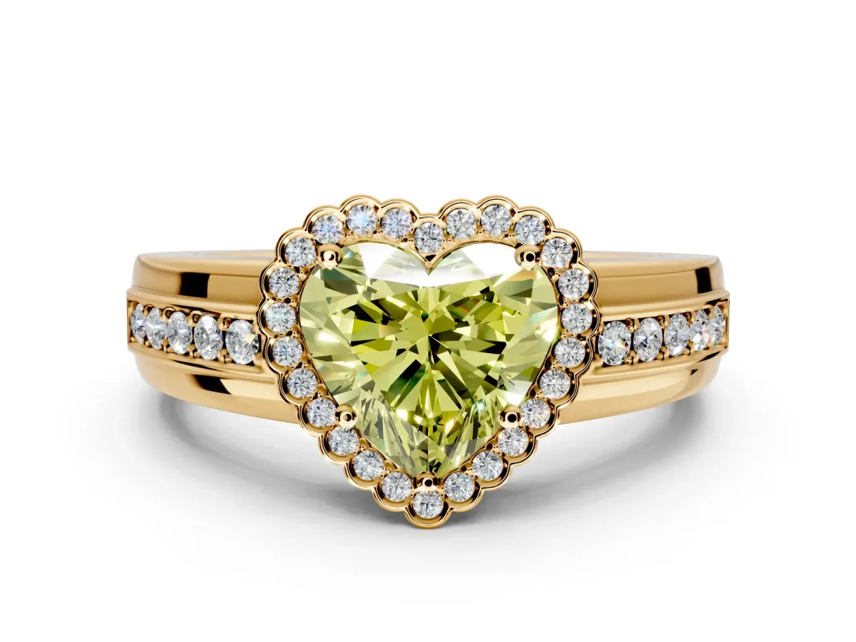 Halo Engagement Ring Setting for Fancy Yellow Heart-Shaped Center with Wide Band, Inlaid Accent Row and Prong Head in Yellow Gold