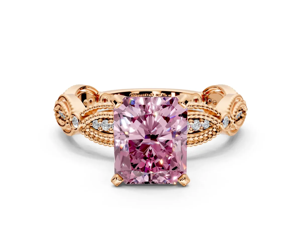 Solitaire Engagement Ring Setting for Fancy Pink Radiant Cut Center with Marquise Panel Band and Prong Head in Rose Gold