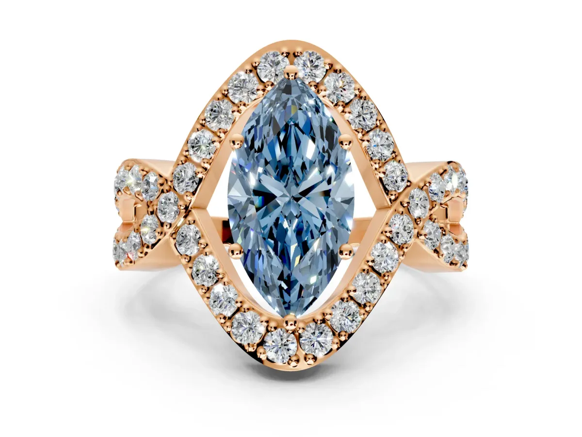 Halo Engagement Ring Setting for Fancy Blue Marquise Center with Pave Infinity Twist Band and Prong Head in Rose Gold