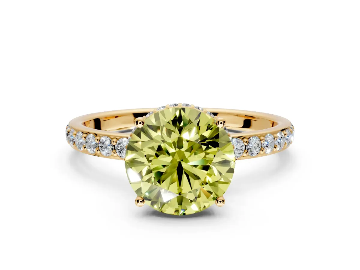 Hidden Halo Engagement Ring Setting for Fancy Yellow Round Cut Center with Pave Band and Prong Head in Yellow Gold