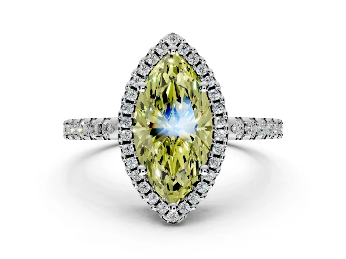 Accent Halo Engagement Ring Setting for Fancy Yellow Marquise Center with Full-Length Pave Band and Prong Head in Platinum