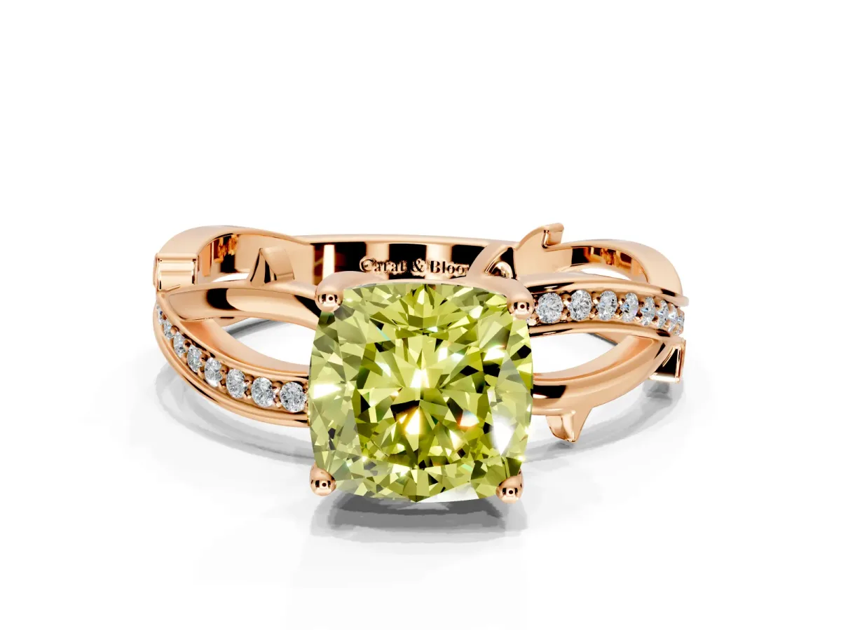 Solitaire Engagement Ring Setting for Fancy Yellow Cushion Cut Center with Pave and Plain Crossover Band and Prong Head in Rose Gold