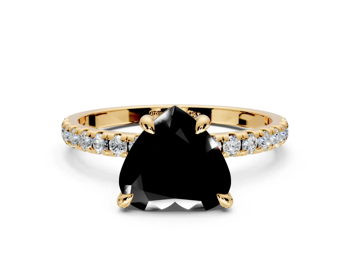 Solitaire Engagement Ring Setting for Fancy Black Heart-Shaped Center with Fine Pave Narrow Band and Prong Head in Yellow Gold
