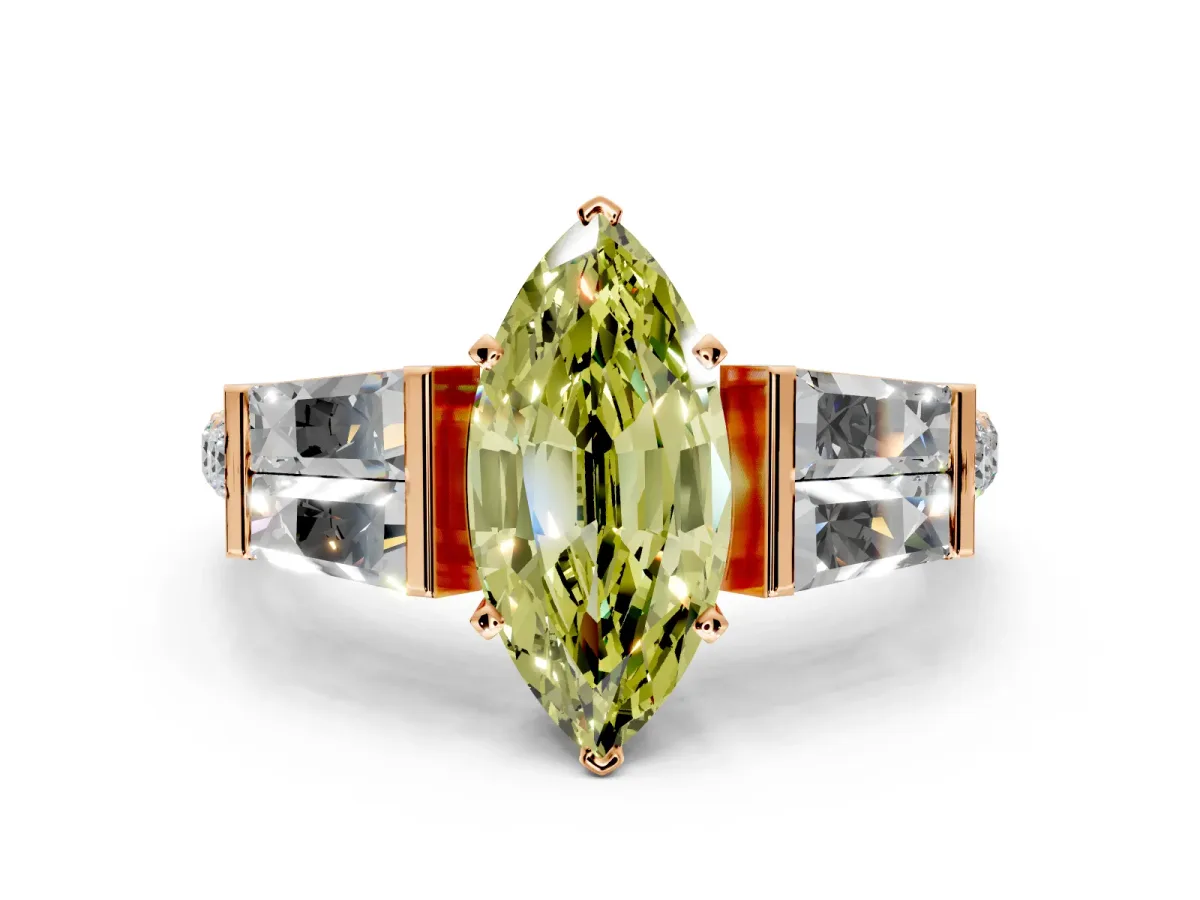 Channel-Set Engagement Ring Setting for Fancy Yellow Marquise Center with Baguette Band and Prong Head in Rose Gold