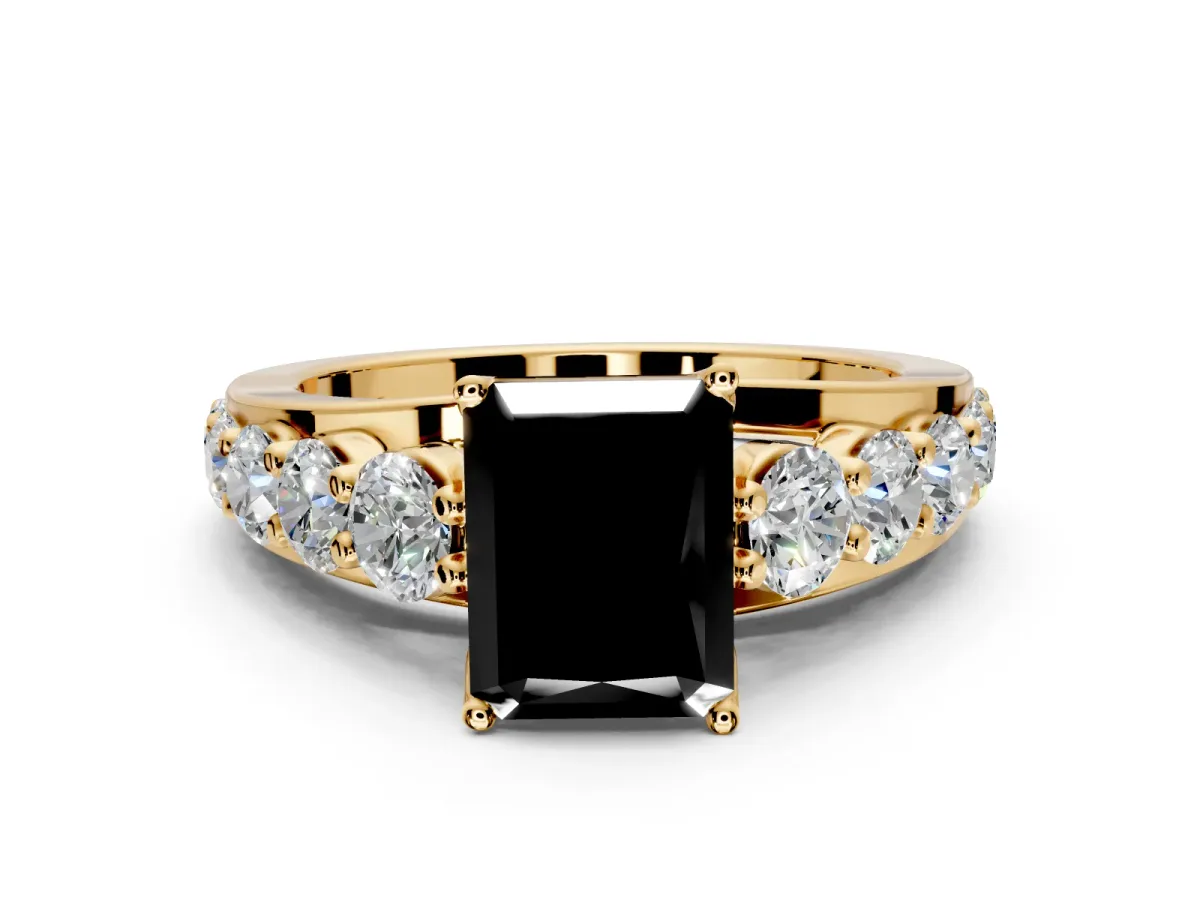 Solitaire Engagement Ring Setting for Fancy Black Radiant Cut Center with Graduated Shared Prongs and Prong Head in Yellow Gold