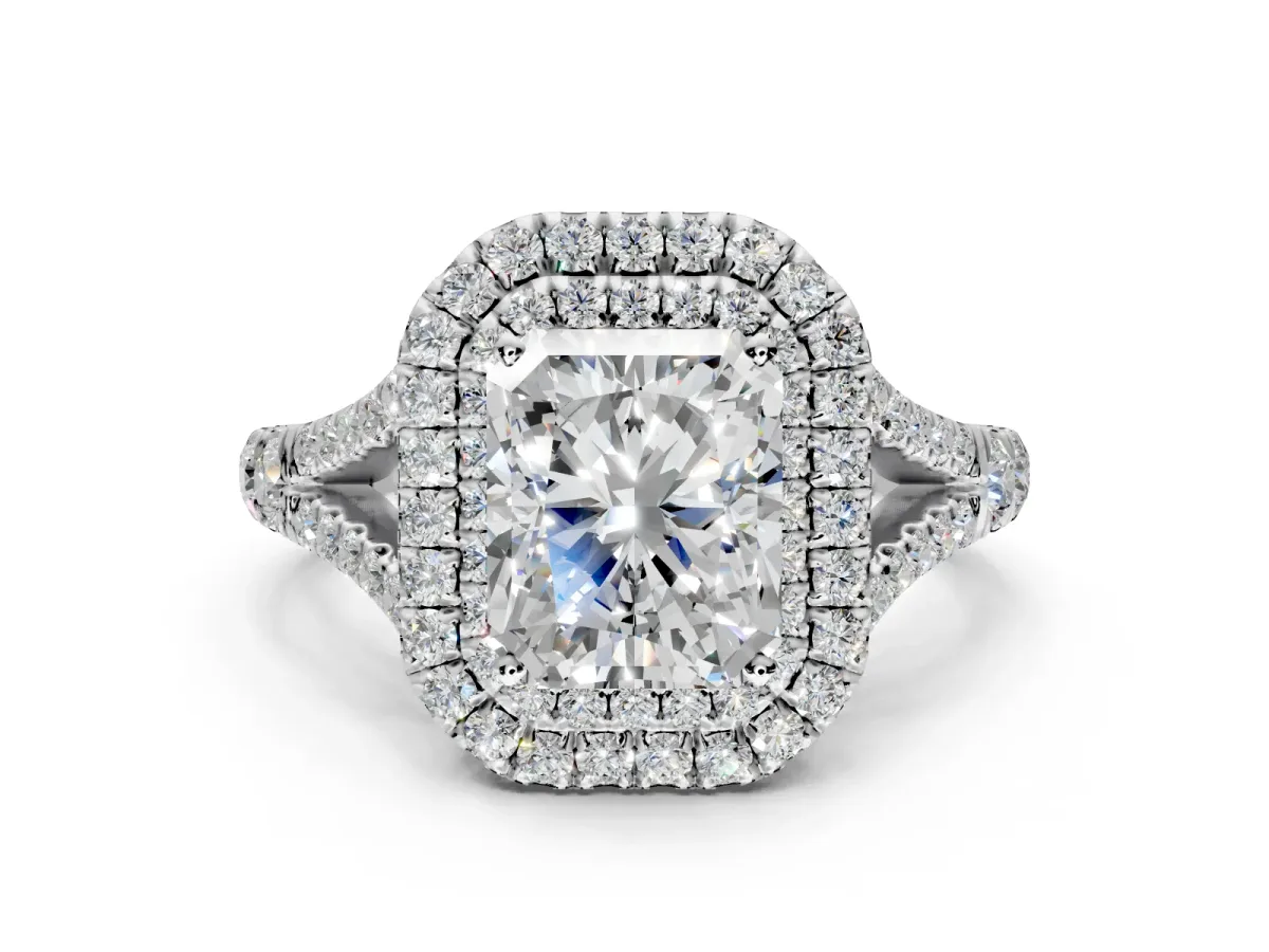 Double Halo Engagement Ring Setting for Radiant Cut Center with Narrow Pave Split Shank and Prong Head in White Gold