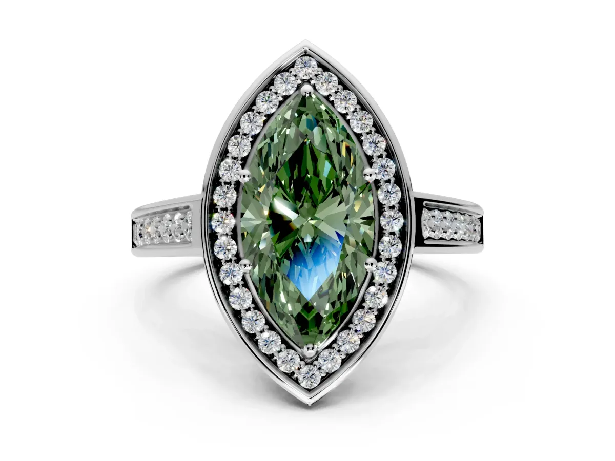 Halo Engagement Ring Setting for Fancy Green Marquise Center with Outer Bezel Rim, Pave Band and Prong Head in Platinum