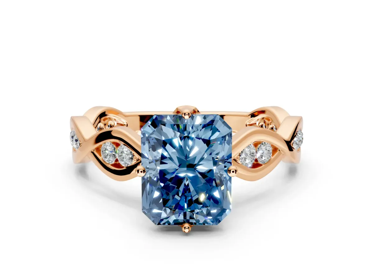 Solitaire Engagement Ring Setting for Fancy Blue Radiant Cut Center with Accented Twist Band and Leaf Prong Head in Rose Gold