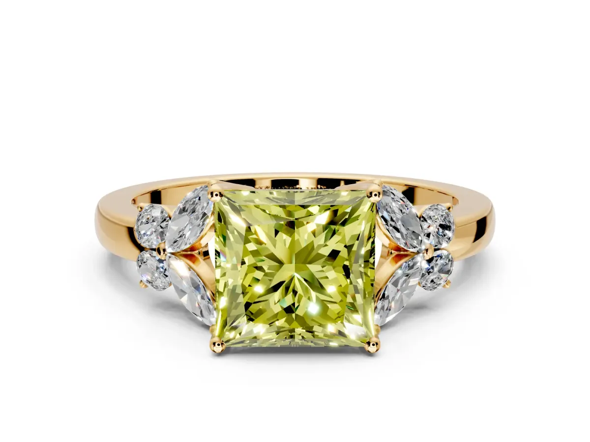 Solitaire Engagement Ring Setting for Fancy Yellow Princess Cut Center with Marquise Flower Shoulders and Prong Head in Yellow Gold