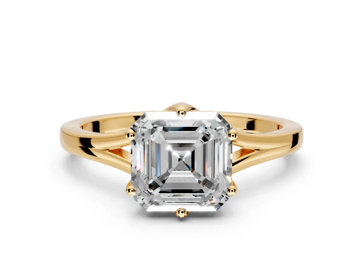 Solitaire Engagement Ring Setting for Asscher Cut Center with Plain Split Shank and Prong Head in Yellow Gold