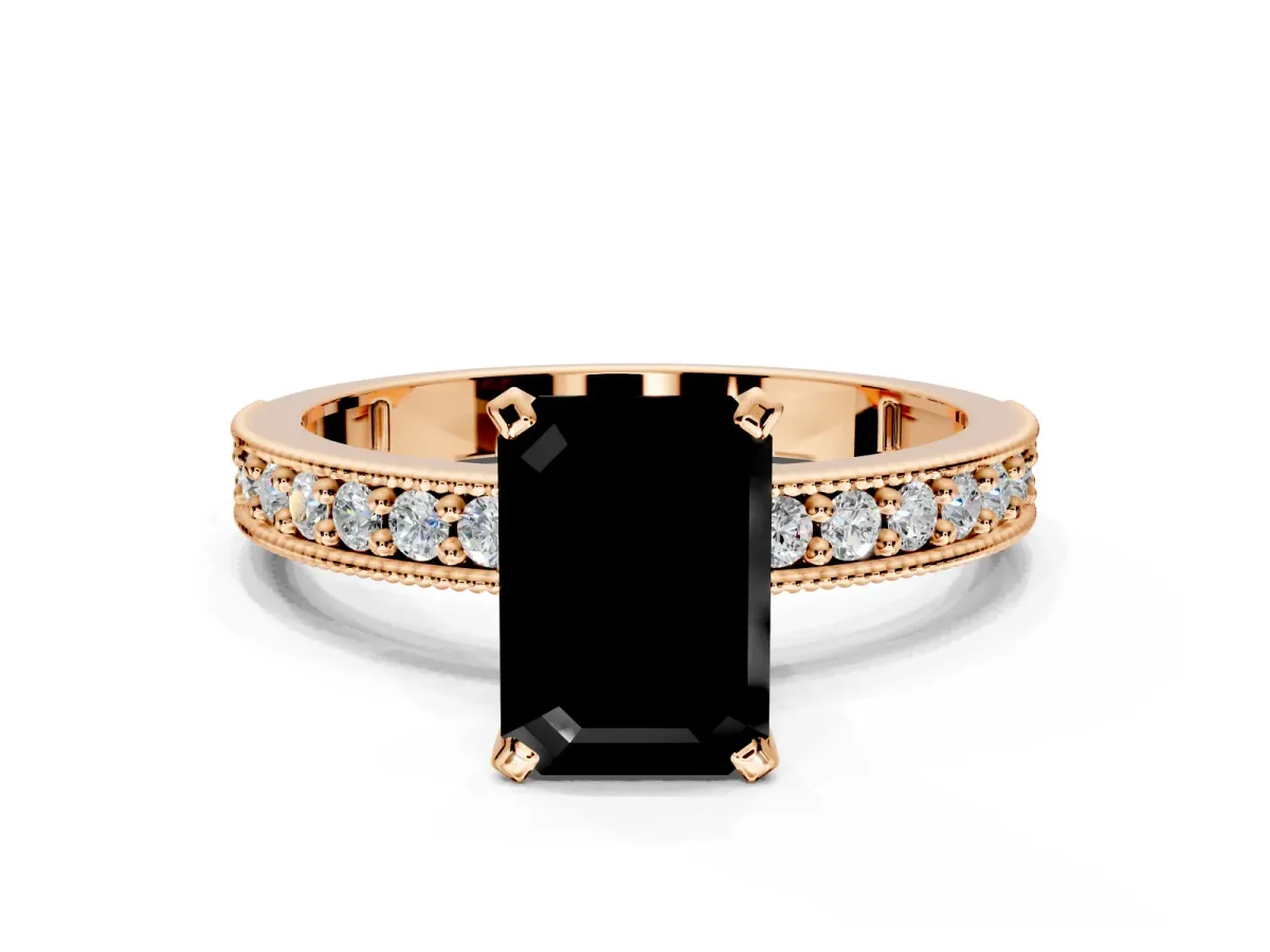 Milgrain Pave Engagement Ring Setting for Fancy Black Emerald Cut Center with Accent Band and Prong Head in Rose Gold