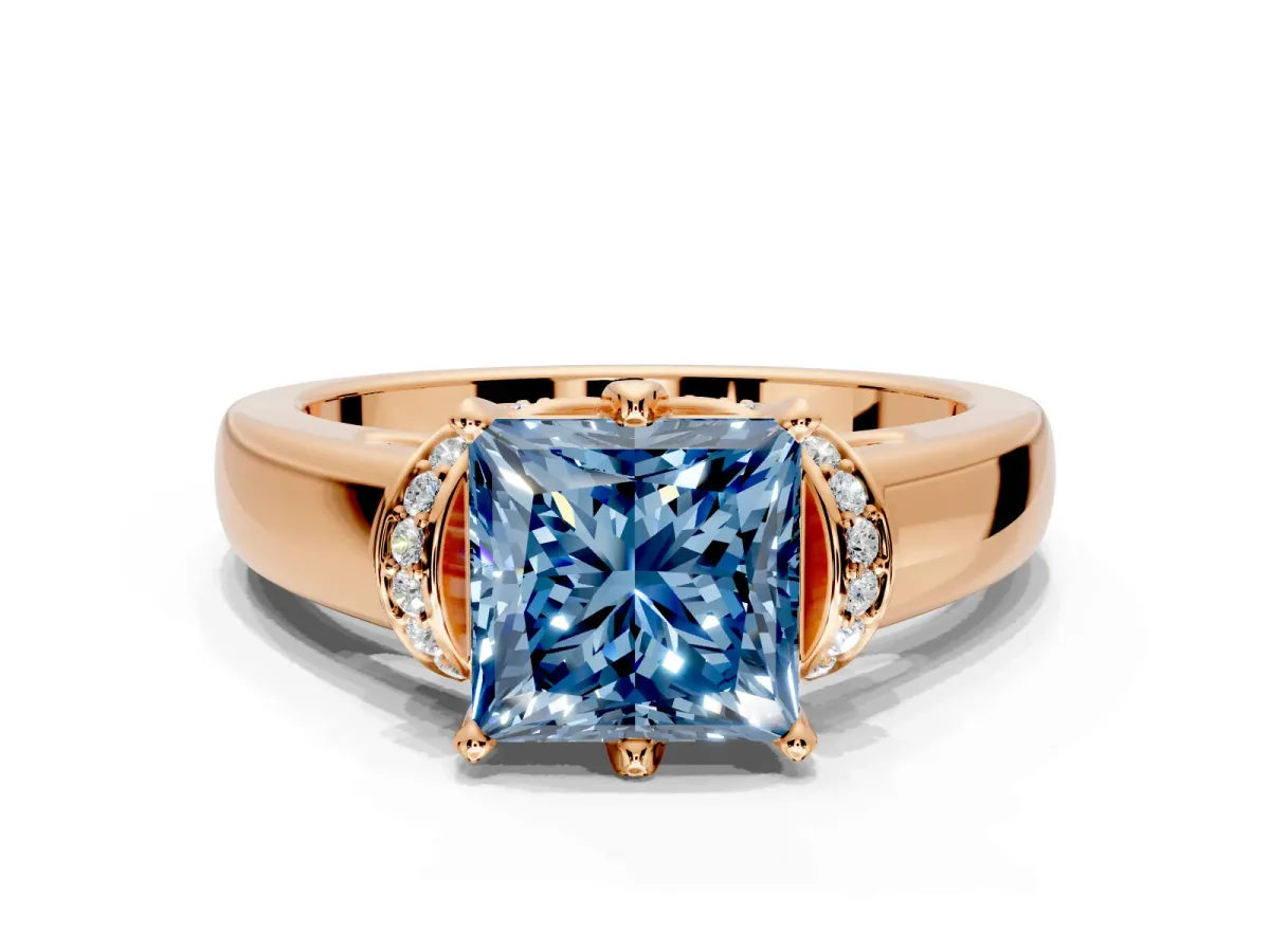 Solitaire Engagement Ring Setting for Fancy Blue Princess Cut Center with Wide Band, Pave Collar and Prong Head in Rose Gold