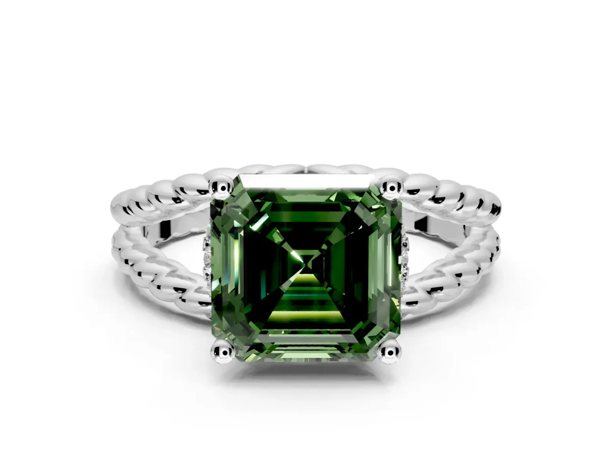 Halo Engagement Ring Setting for Fancy Green Asscher Cut Center with Rope Twist Split Shank and Prong Head in Sterling Silver