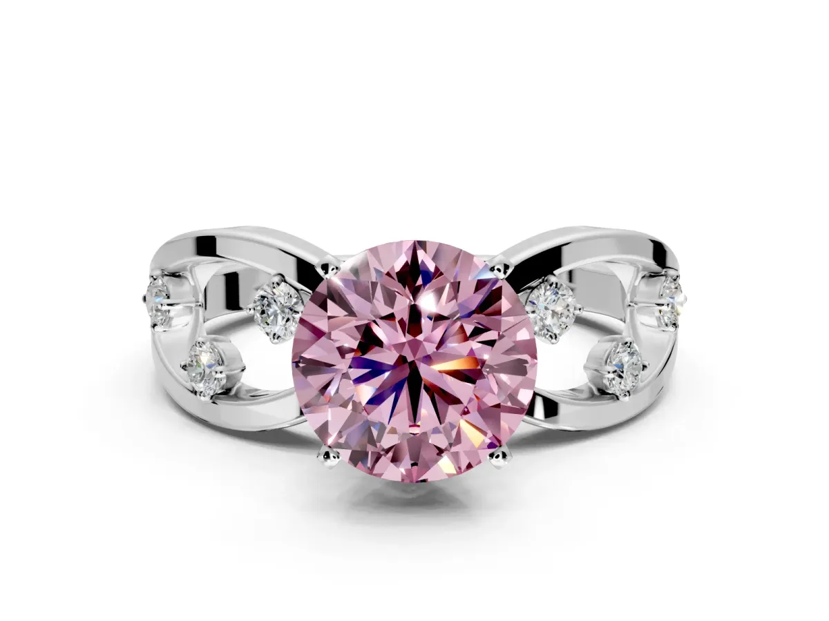 Solitaire Engagement Ring Setting for Fancy Pink Round Cut Center with Criss-Cross Accent Band and Prong Head in White Gold