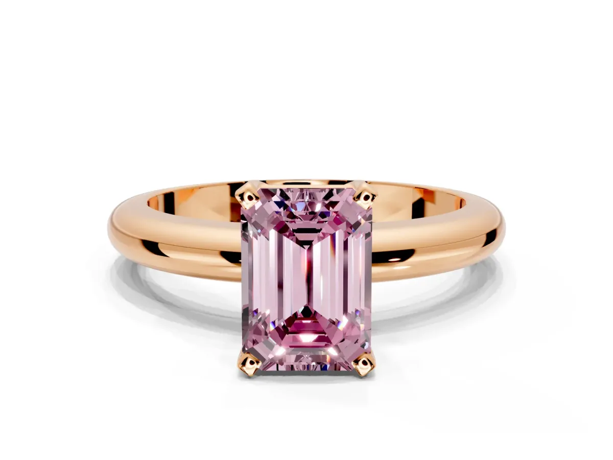 Solitaire Engagement Ring Setting for Fancy Pink Emerald Cut Center with Wire Band and Prong Head in Rose Gold