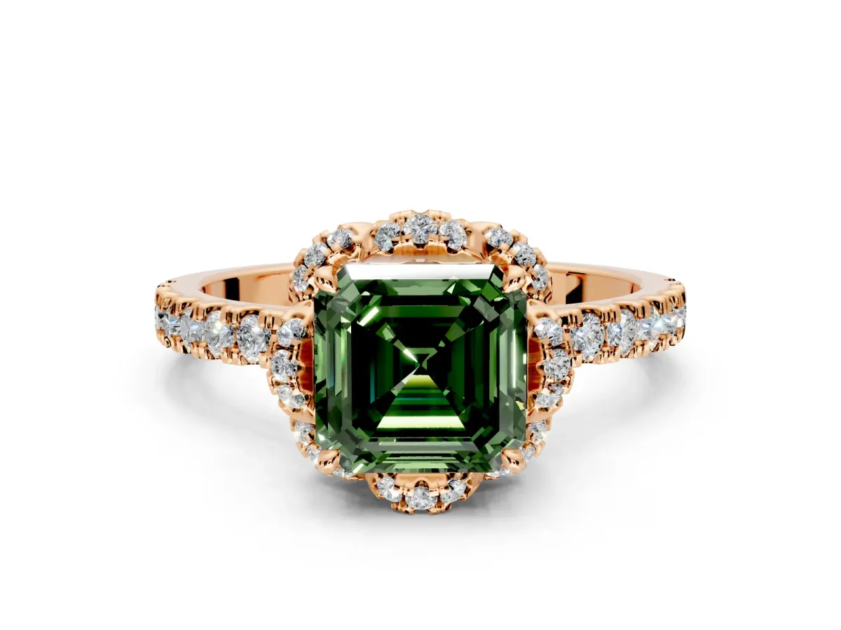 Halo Engagement Ring Setting for Fancy Green Asscher Cut Center with Openwork Halo, Pave Band and Prong Head in Rose Gold