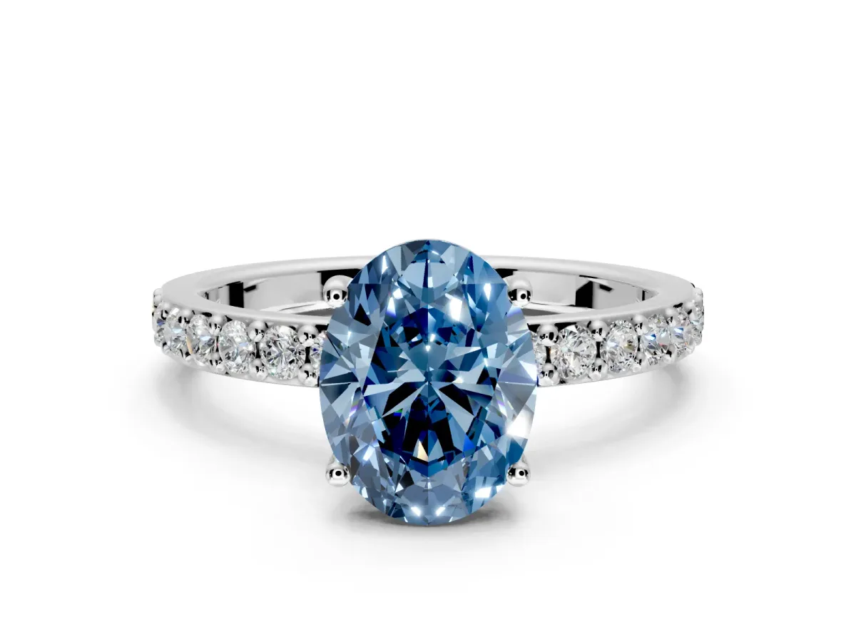 Solitaire Engagement Ring Setting for Fancy Blue Oval Center with Round Cut Pave Band and Prong Head in Sterling Silver