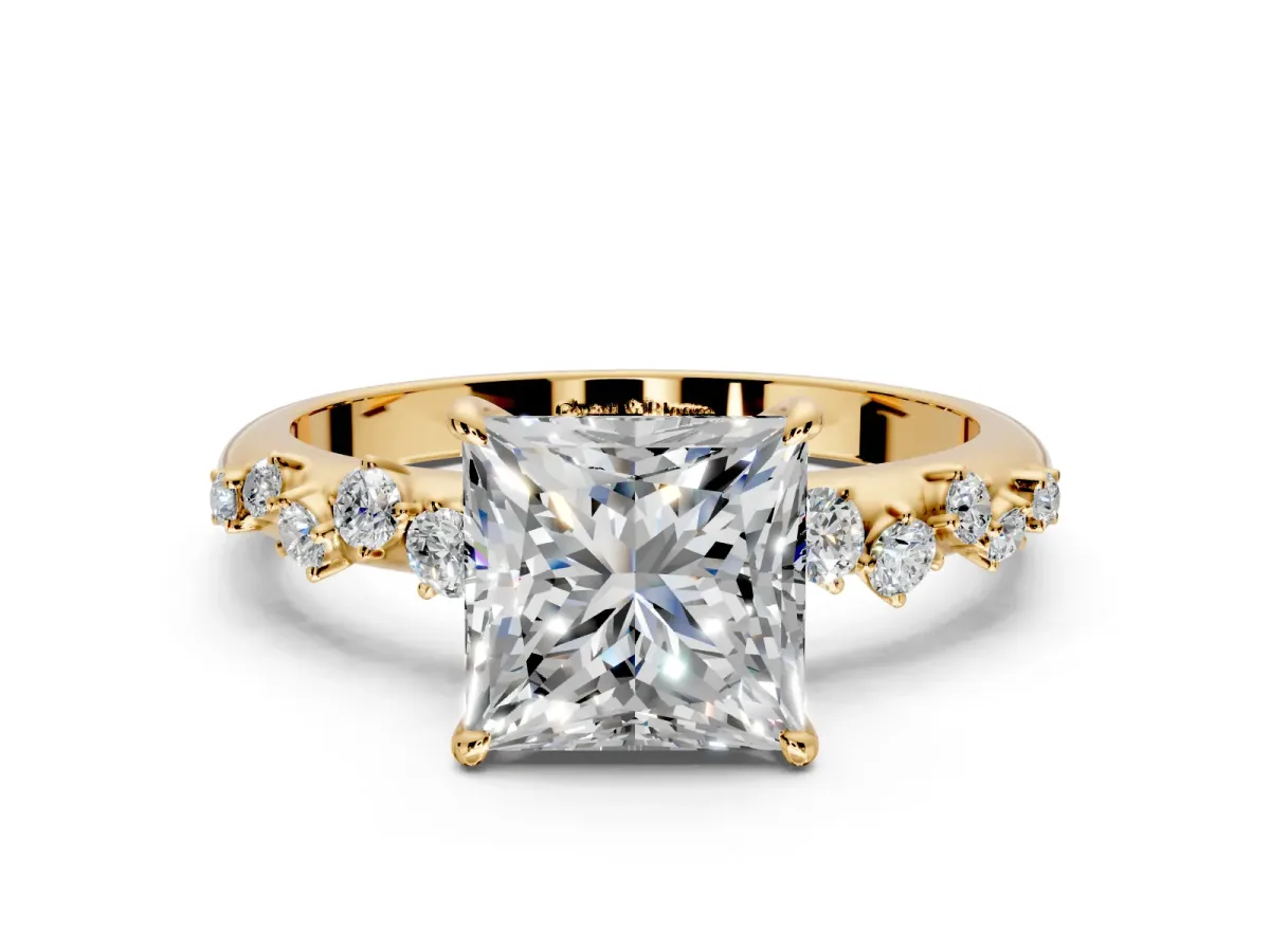 Cluster Engagement Ring Setting for Princess Cut Center with Round Cut Accent Band and Prong Head in Yellow Gold