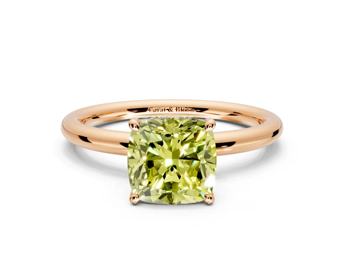 Hidden Halo Engagement Ring Setting for Fancy Yellow Cushion Cut Center with Thin Rounded Band and Prong Head in Rose Gold