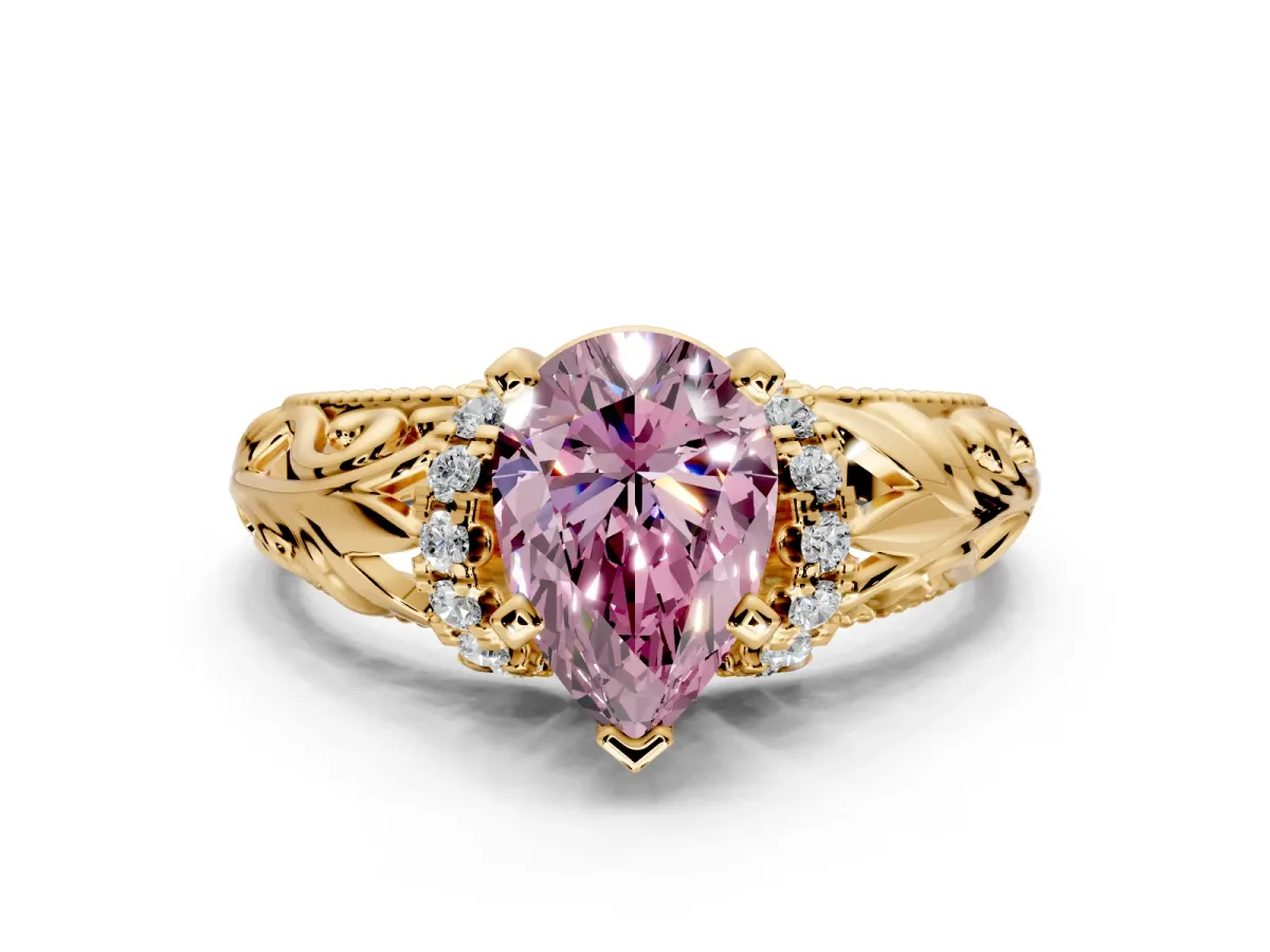 Solitaire Engagement Ring Setting for Fancy Pink Pear-Shaped Center with Filigree Accent Basket and Prong Head in Yellow Gold