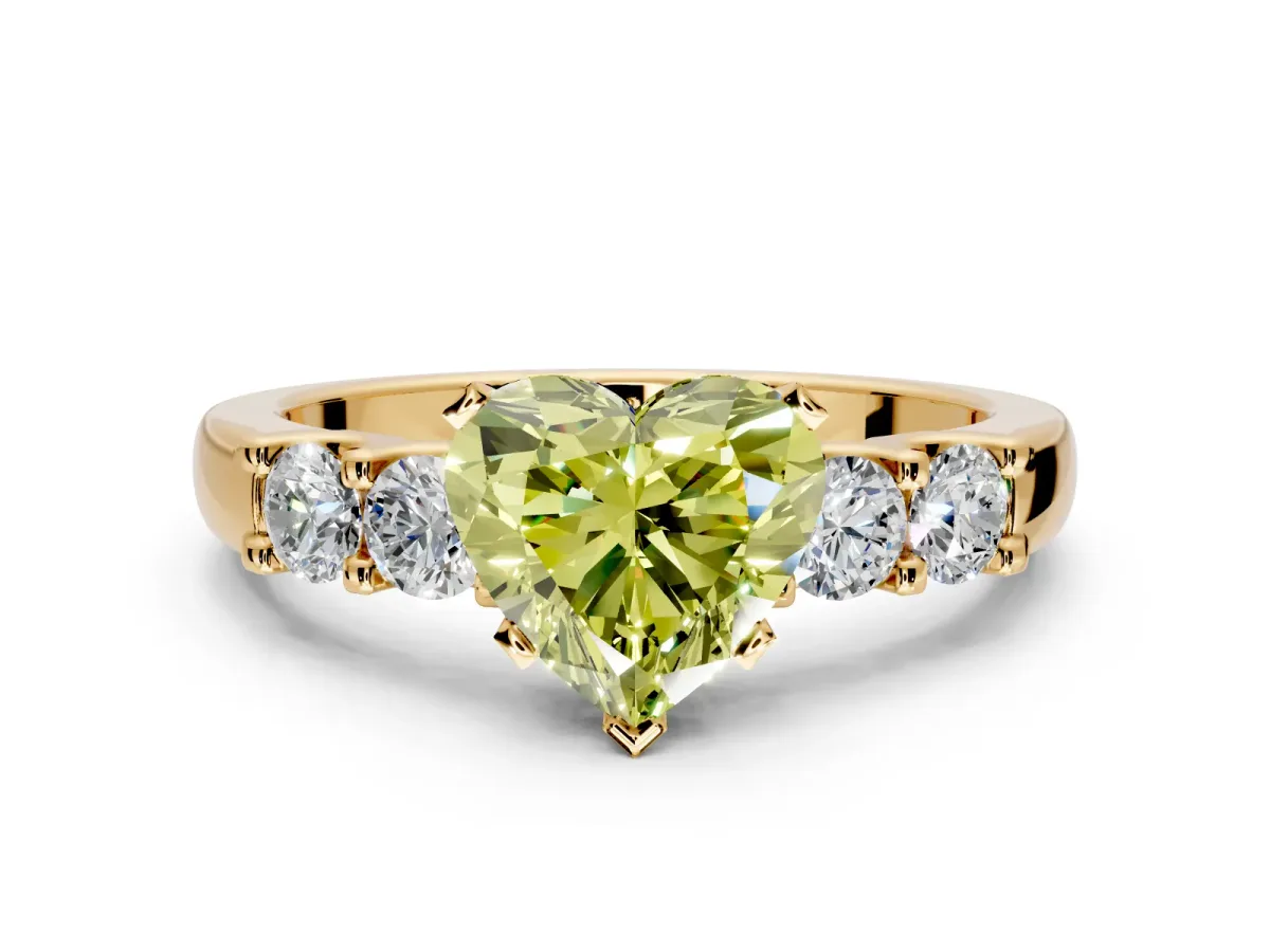 5 Stone Engagement Ring Setting for Fancy Yellow Heart-Shaped Center with Plain Band and Prong Head in Yellow Gold