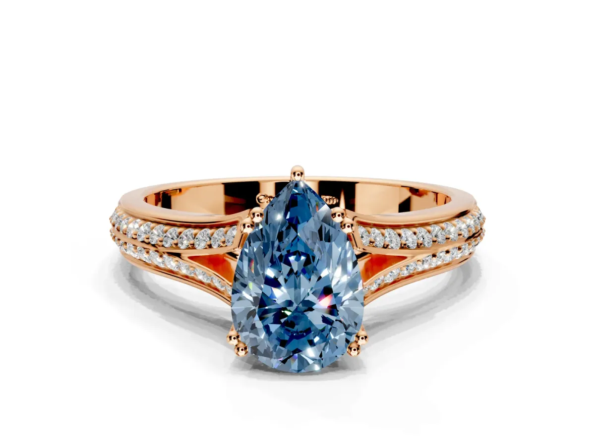 Solitaire Engagement Ring Setting for Fancy Blue Pear-Shaped Center with Pave Rail Split Shank and Prong Head in Rose Gold