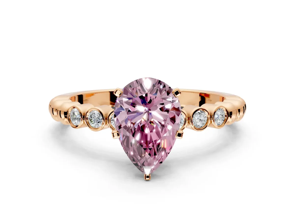 Solitaire Engagement Ring Setting for Fancy Pink Pear-Shaped Center with Bezel-Dot Beaded Band and Prong Head in Rose Gold