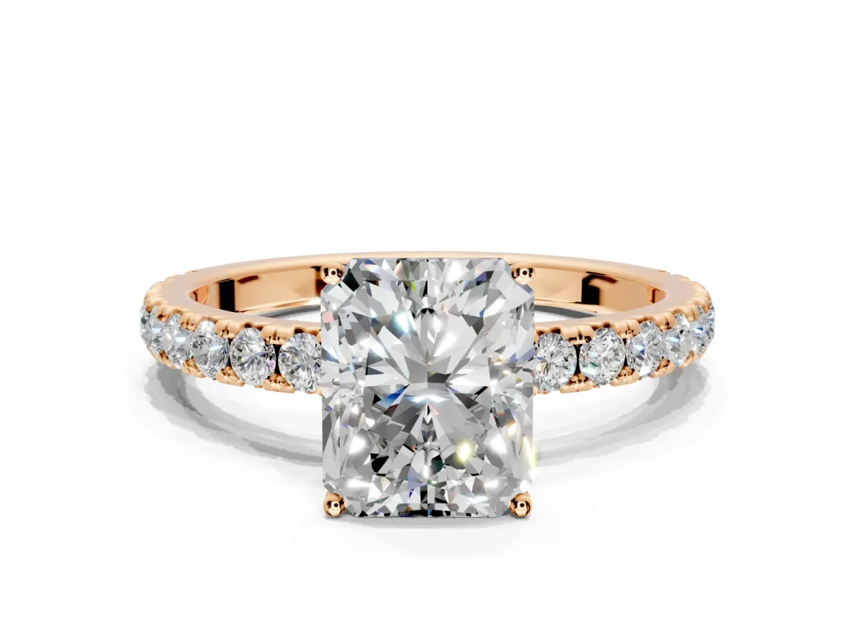 Solitaire Engagement Ring Setting for Radiant Cut Center with Large Accent Band and Prong Head in Rose Gold