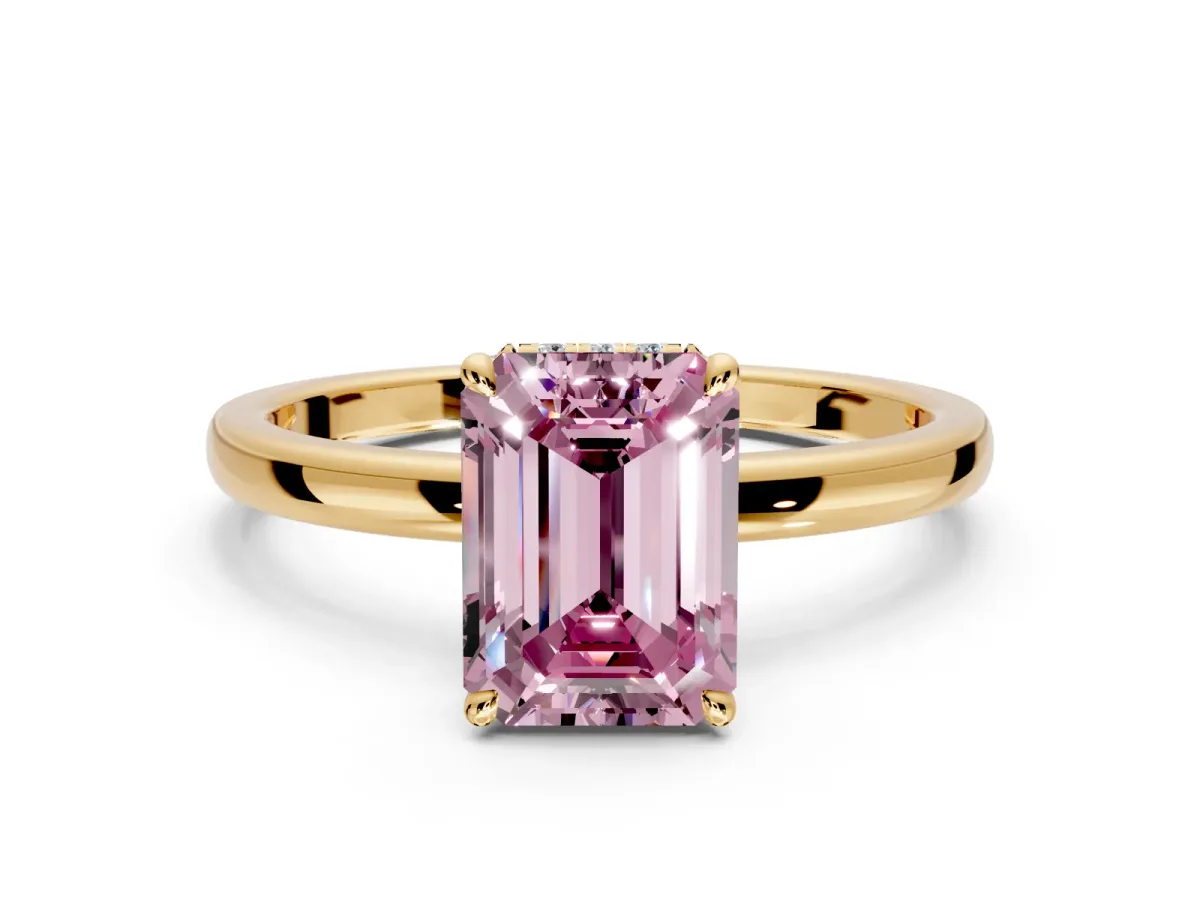 Hidden Halo Engagement Ring Setting for Fancy Pink Emerald Cut Center with Plain Band and Tall Prong Head in Yellow Gold