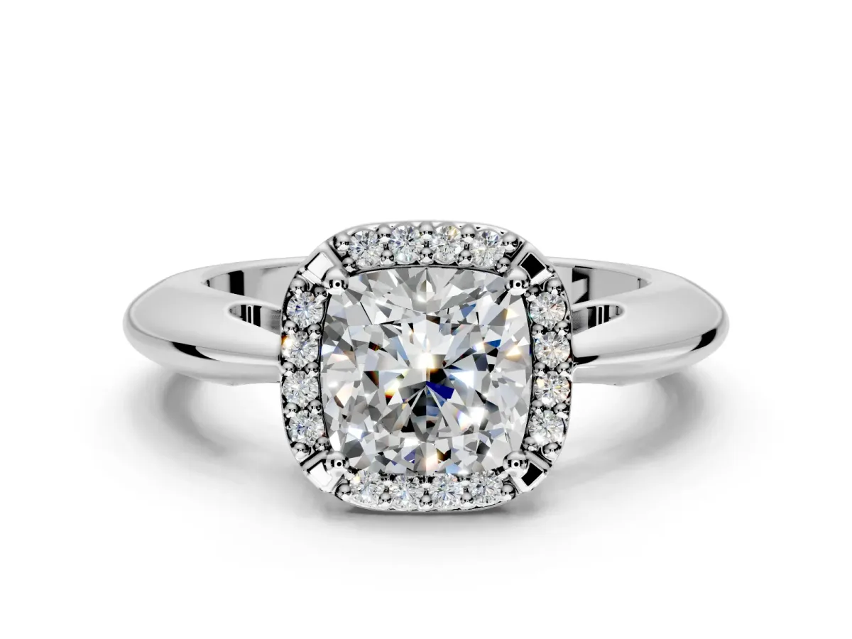 Halo Engagement Ring Setting for Cushion Cut Center with Tapered Plain Band and Prong Head in Sterling Silver