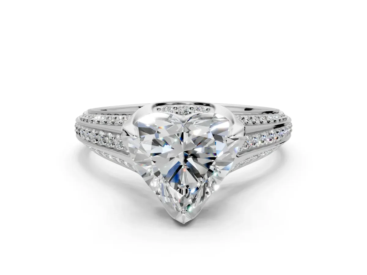 Solitaire Engagement Ring Setting for Heart-Shaped Center with Accented Split Shank and Prong Head in Platinum