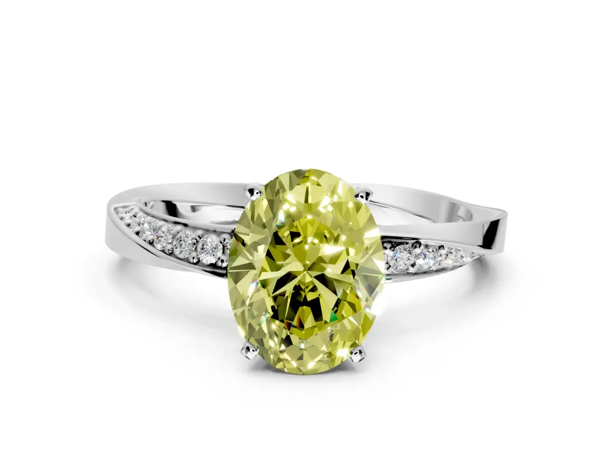 Side Accent Engagement Ring Setting for Fancy Yellow Oval Center with Accent Shoulders and Prong Head in Sterling Silver