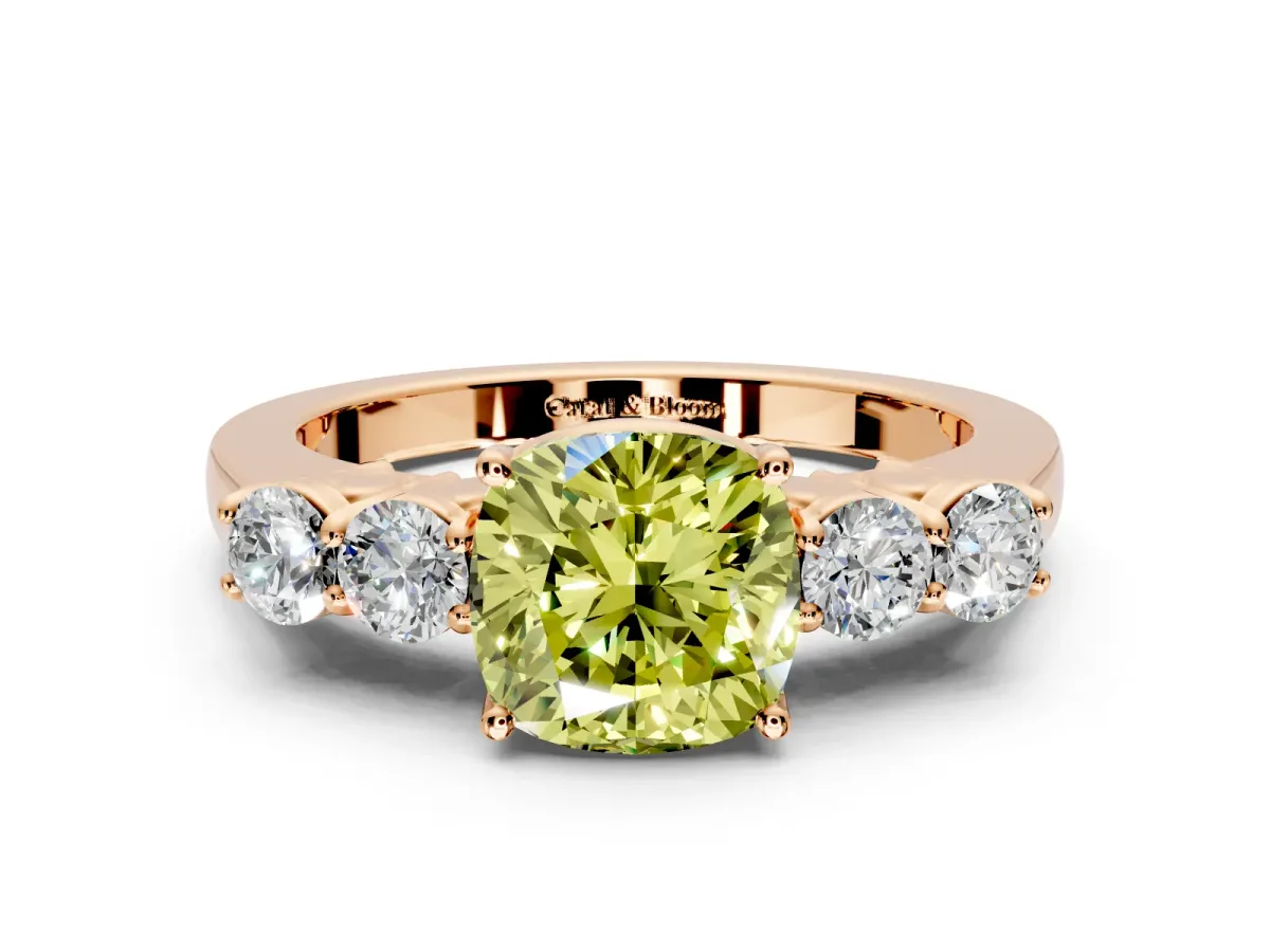 5 Stone Engagement Ring Setting for Fancy Yellow Cushion Cut Center with Equal Close-Set Accents and Prong Head in Rose Gold