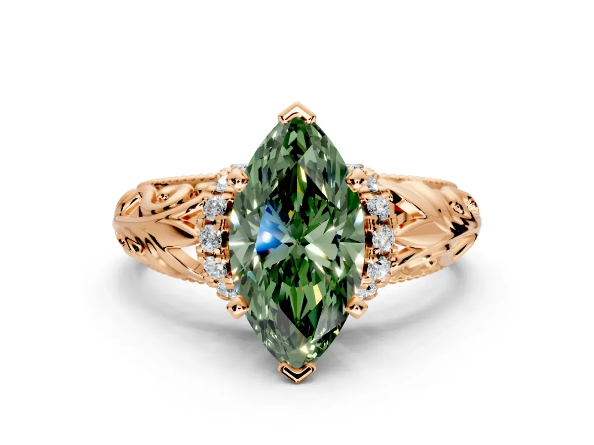 Solitaire Engagement Ring Setting for Fancy Green Marquise Center with Filigree Accent Basket and Prong Head in Rose Gold