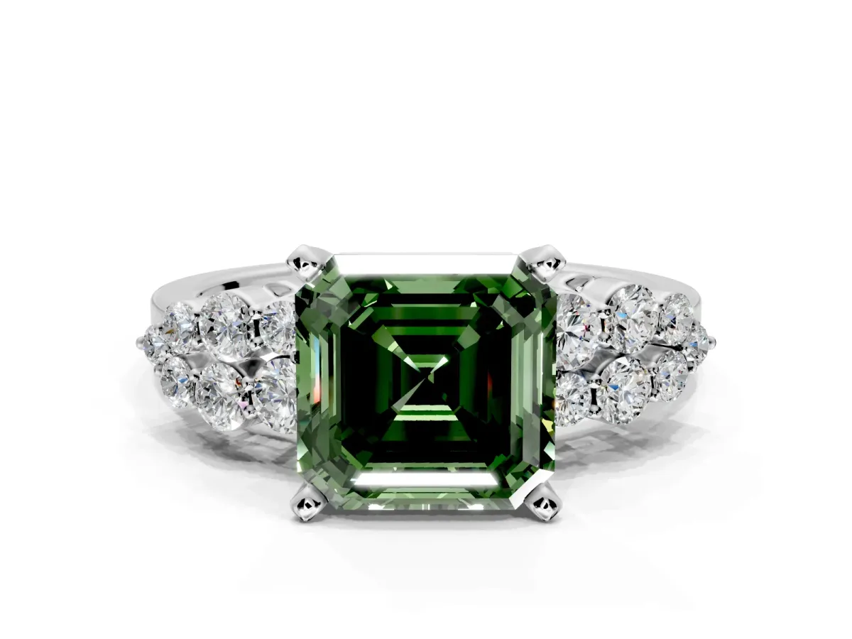 Cluster Engagement Ring Setting for Fancy Green Asscher Cut Center with 2-Row Shoulder Clusters and Prong Head in Sterling Silver